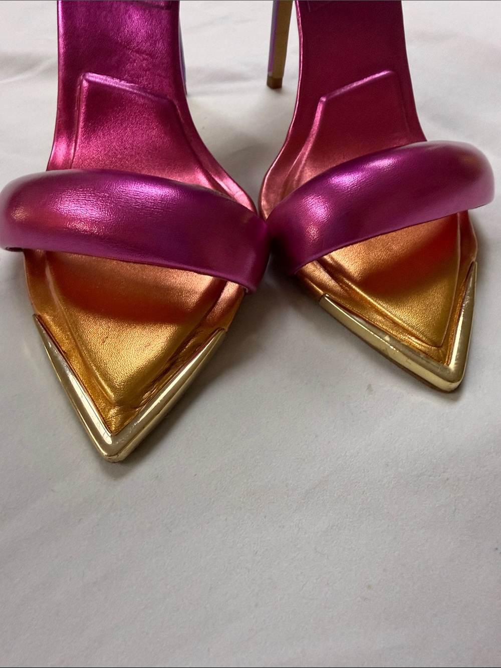 Aldo Metallic Purple and Pink Ankle-Strap Stilettos with Gold Pointed Toe Cap - Picture 10 of 10